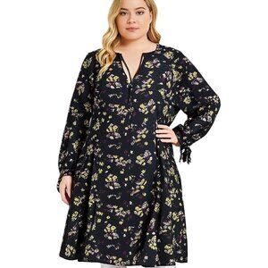 Torrid Black Floral Challis Long Sleeve Mini Dress Split Neck Size 1 (14/16)